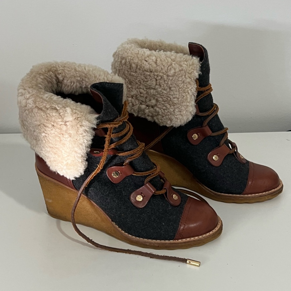 Tory Burch Wedge Shearling Cuff Leather Boot, Grey and Brown. US 6.5